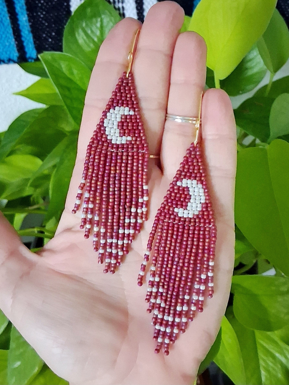 Maroon Beaded Fringe Earrings with Crescent Moon
